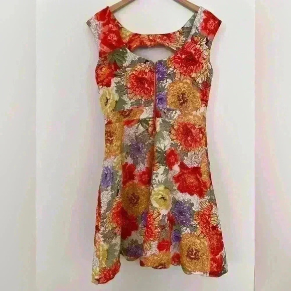 Danny & Nicole Sleeveless Gold Floral Pleated Pocket Flare Midi Dress 10 Large - Picture 3 of 7